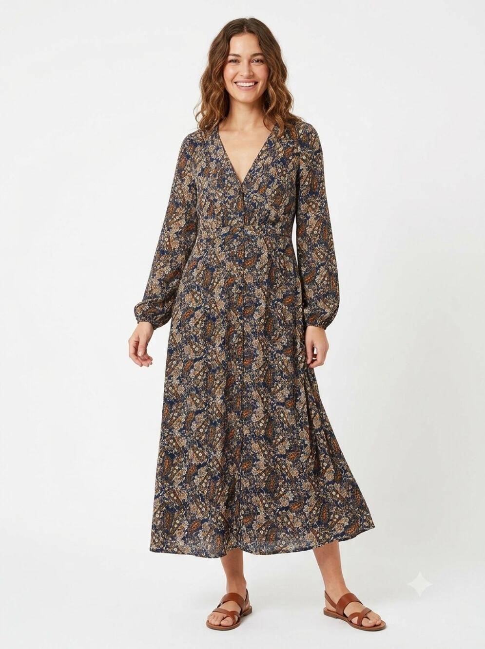 Natural Life Maxi Dress Womens M Navy Blue Paisley Long Sleeve Button Front Boho